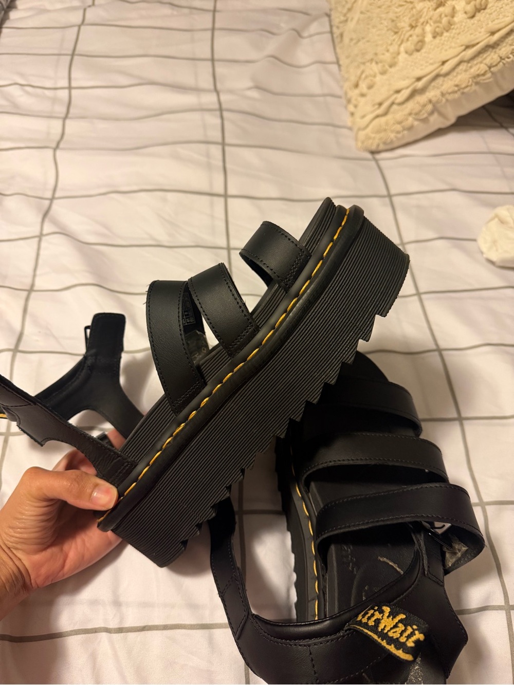 Dr. Martens Black Platform Sandals with Yellow Stitching